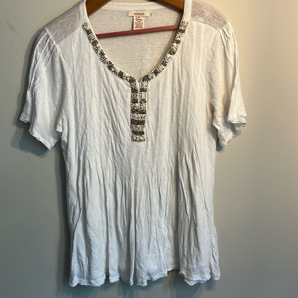 Sundance White Short Sleeve Embroidered Collar Blouse Flowy Loose Size M